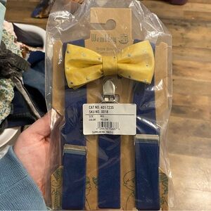 Wembley Boys Yellow Polka Dot Bow Tie with Navy Blue Suspenders
